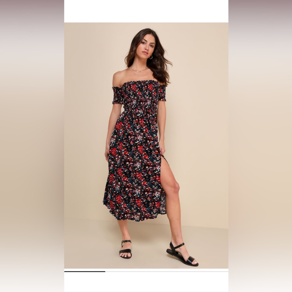Lulus View from the Meadow Black Floral Print Off-the-Shoulder Dress